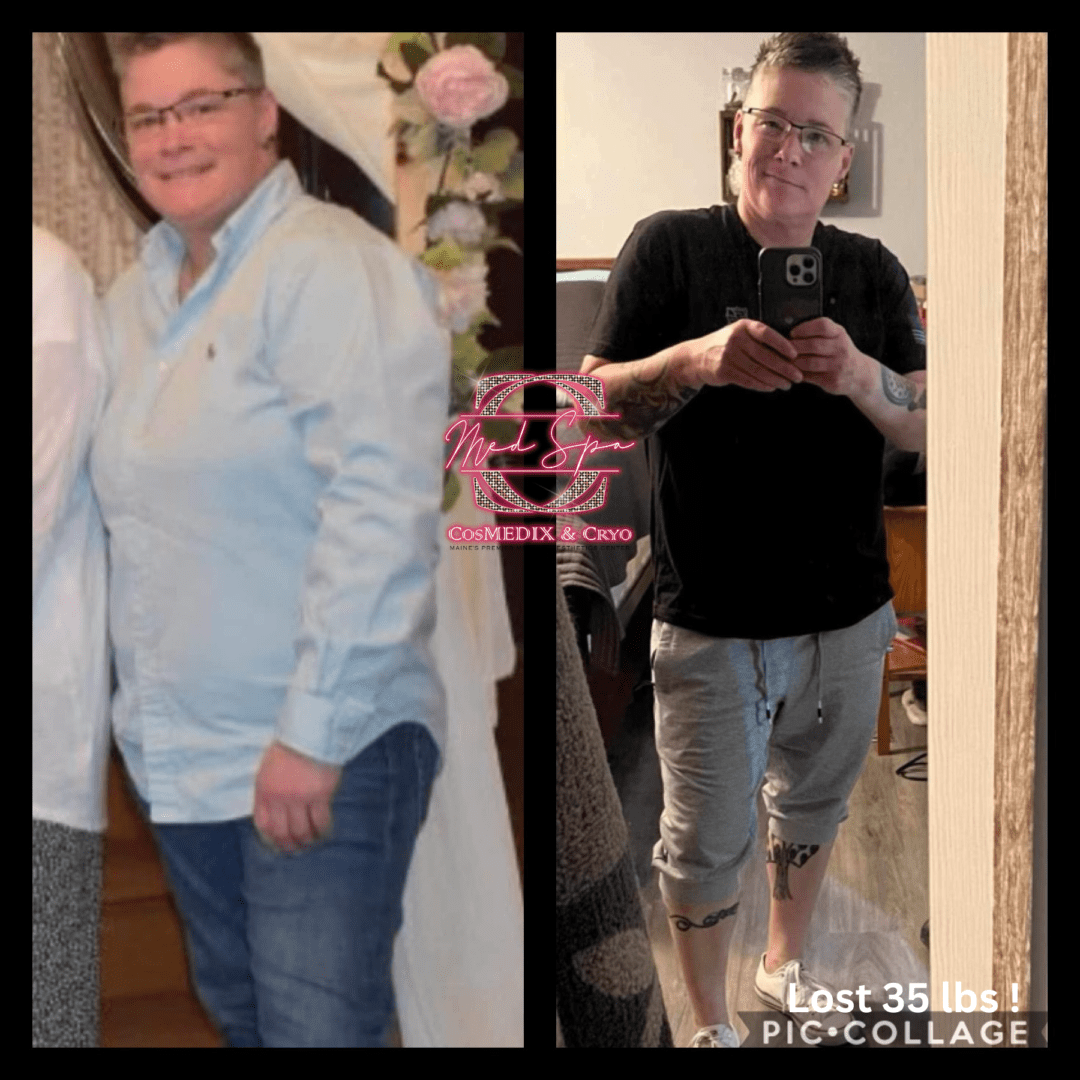 A before and after picture of a woman in jeans.