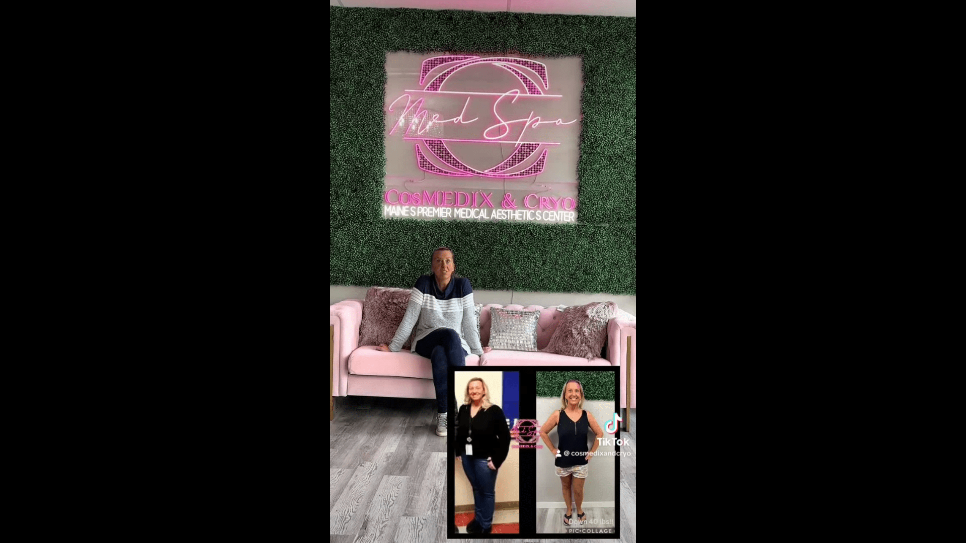 A woman sitting on top of a couch in front of a wall.