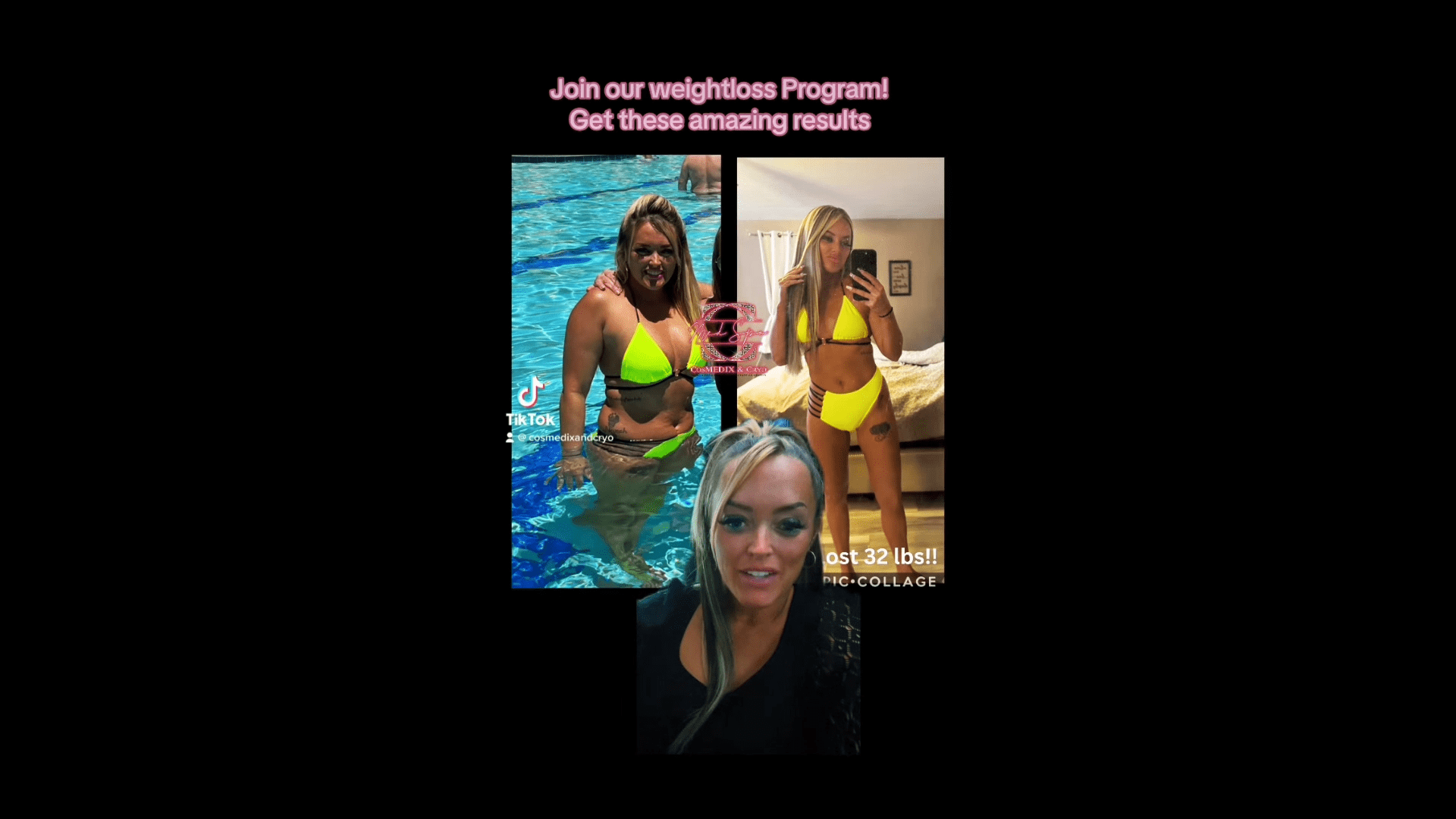 A collage of photos with two women in swimsuits.